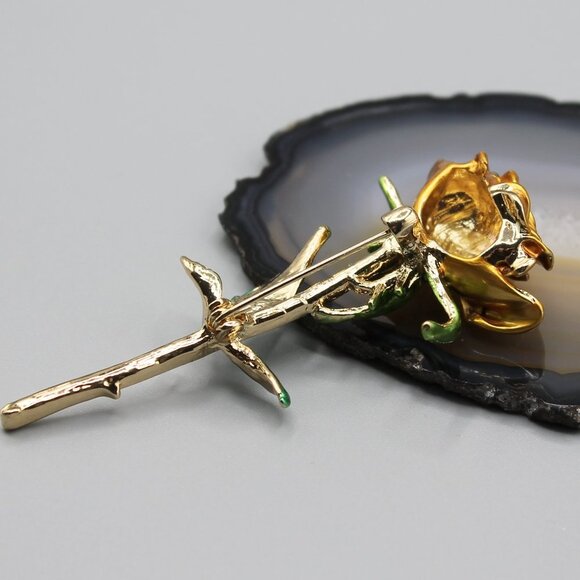 Jewelry pin brooch rose flower love romantic gold tone yellow green elegant new - Picture 4 of 11